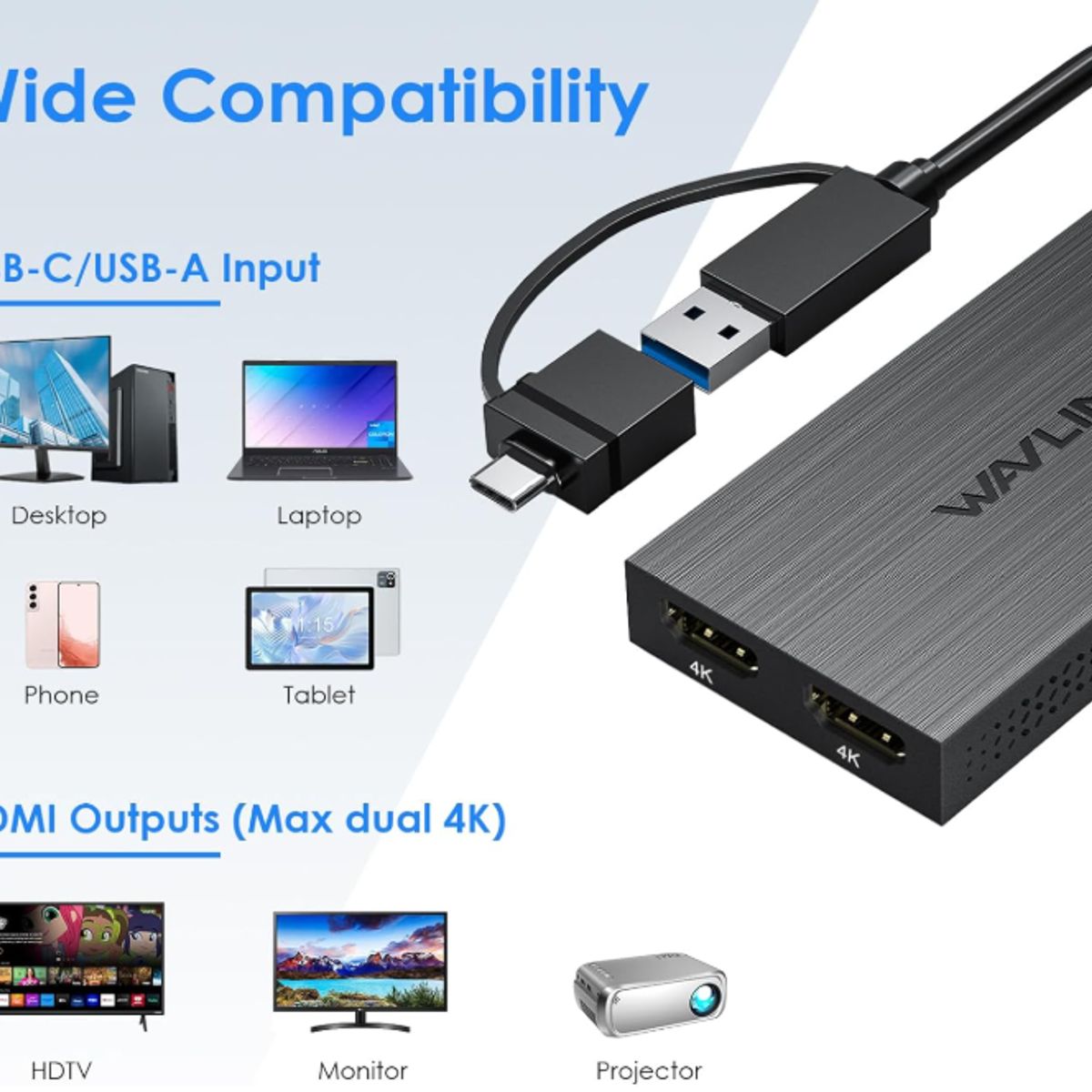 WAVLINK - Adaptador Wavlink USB 3.1 a HDMI Dual 4K DisplayLink compatible con Windows y macOS