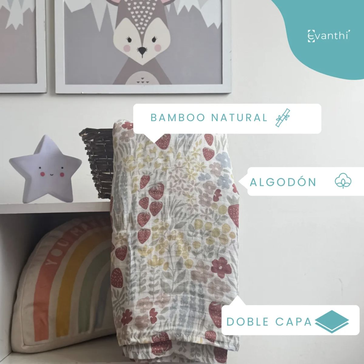 GENERICO - Muselina Algodón Bambú Bebés Evanthi 120x110 Cm Doble Capa Flores