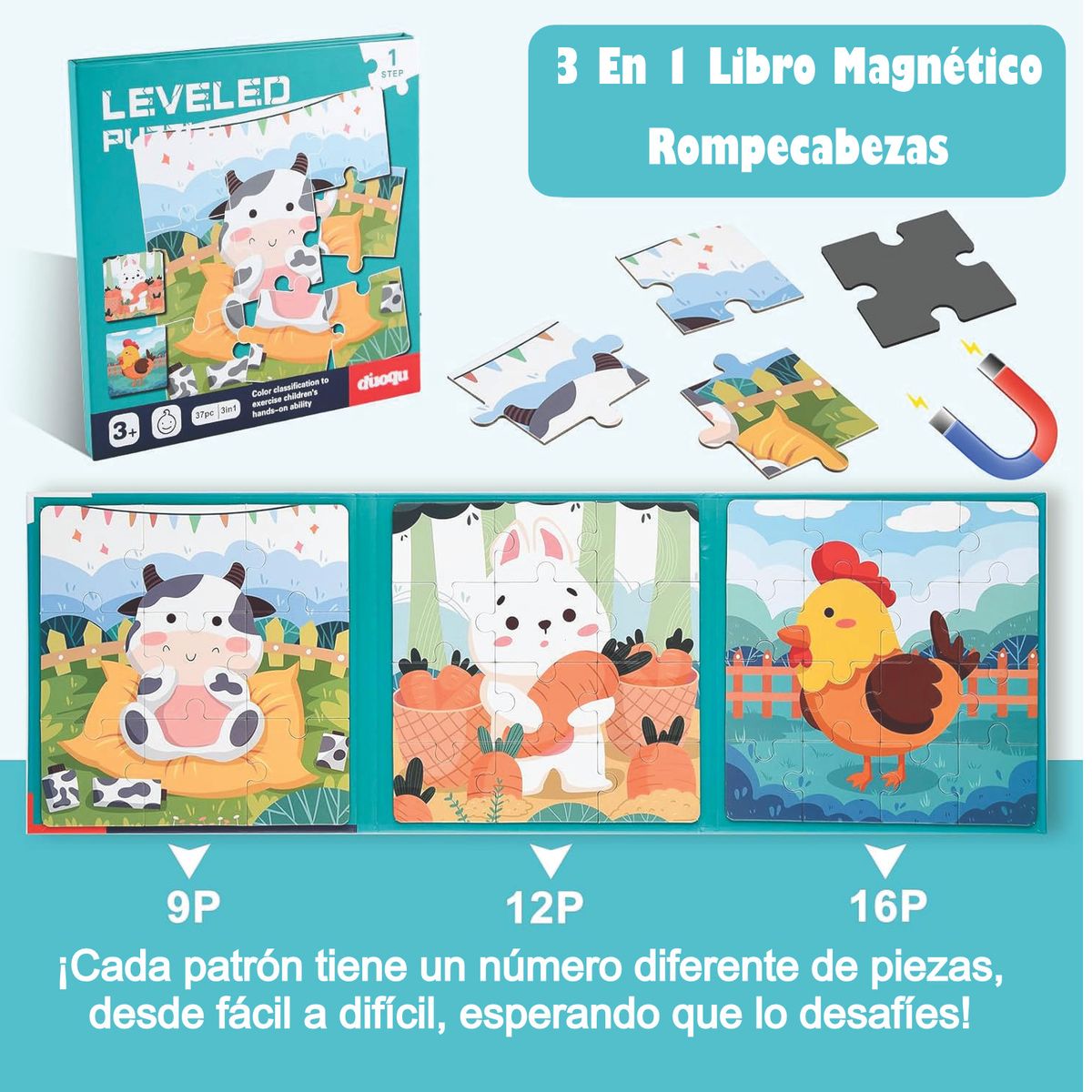 GENERICO - Combo 4 en 1, Rompecabezas Niveles 1, 2, 3 y Bloques Magnéticos