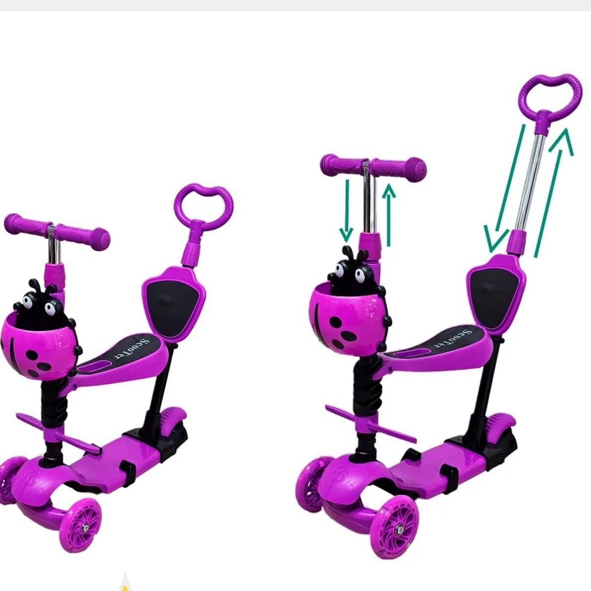 GENERICO - Scooter 3 en 1 Infantil con Asiento y Luces LED – Modelo Mariquita Morada