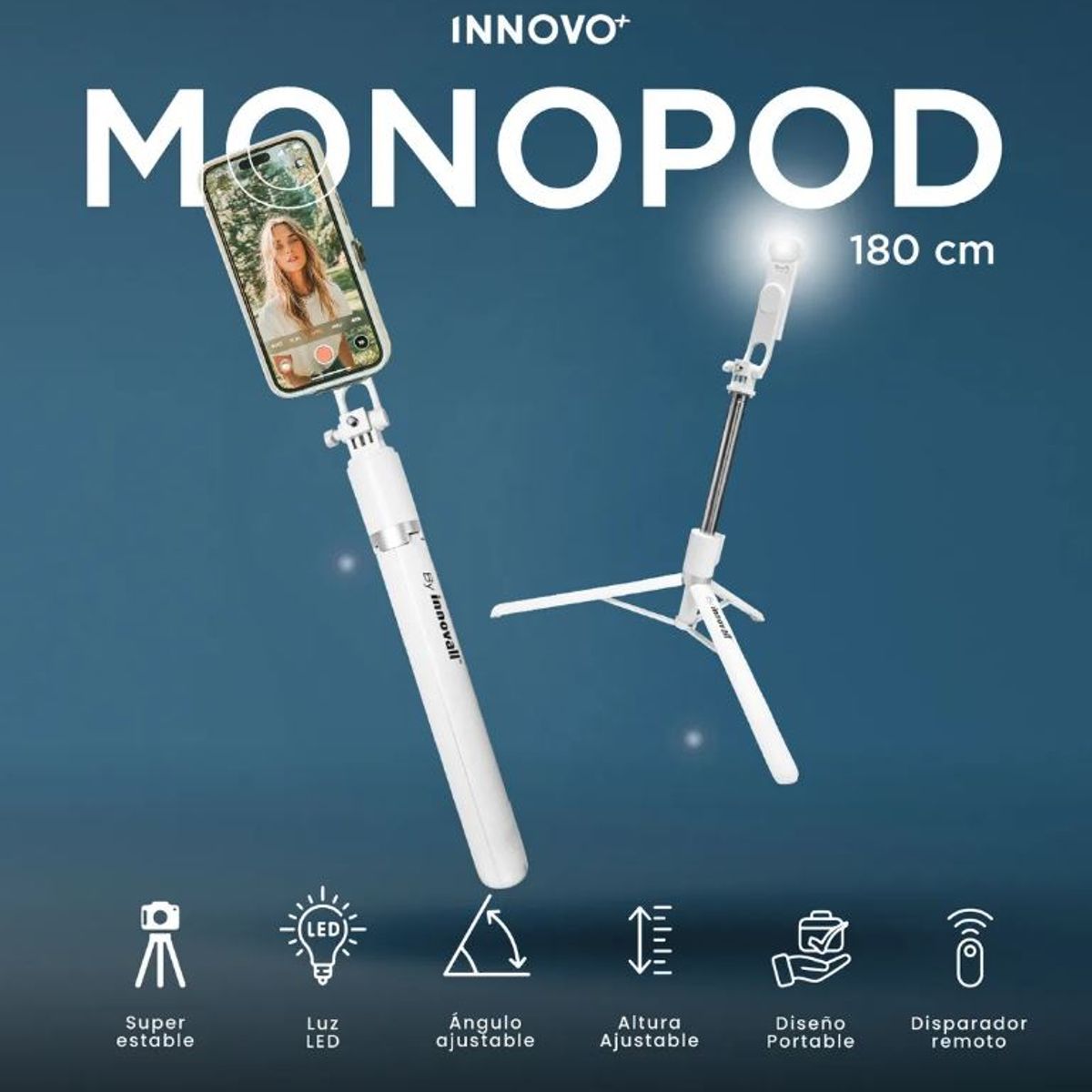 INNOVA - Monopod Trípode 180cm Con Luz Led Profesional Bluetooth Selfie Stick