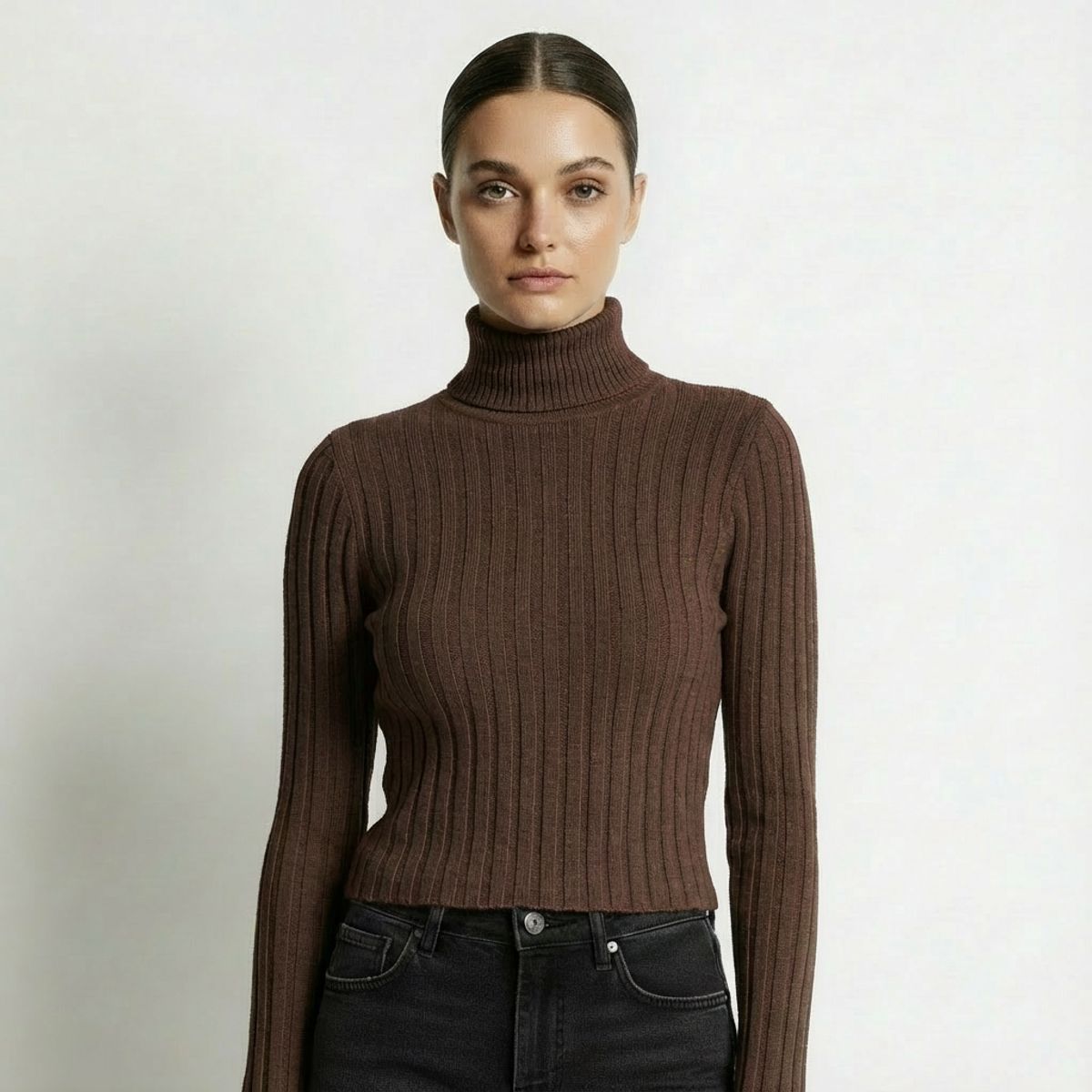 FRIOLENTA - Buzo Acanalado Jersey Cuello Tortuga - negro