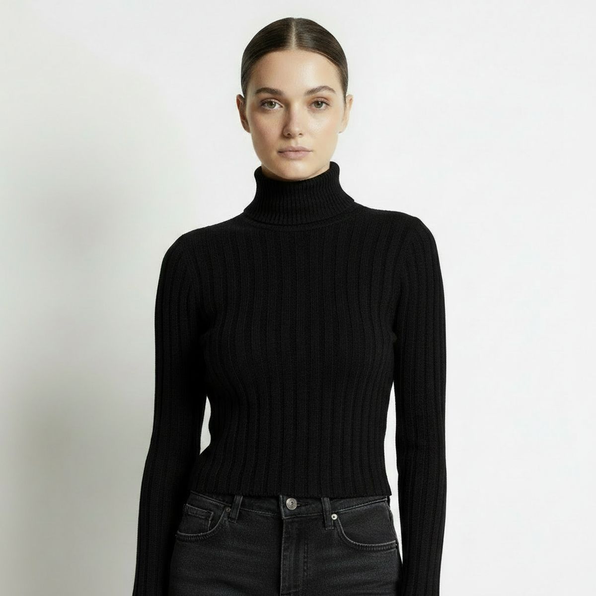 FRIOLENTA - Buzo Acanalado Jersey Cuello Tortuga - negro