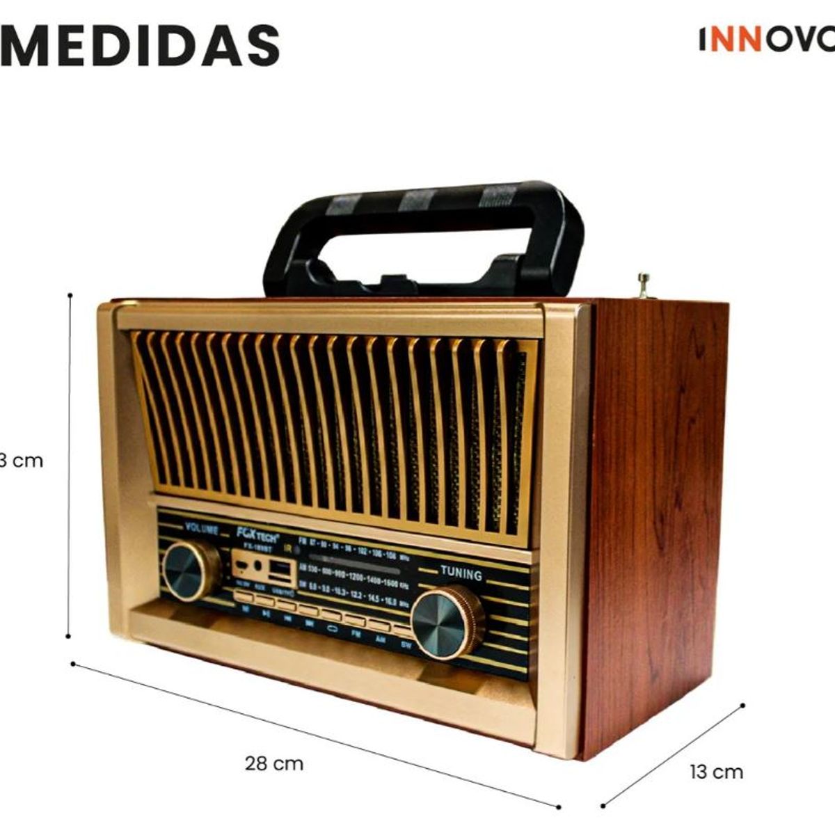 INNOVA - Radio Vintage Bluetooth Recargable Fx Parlante Retro Con Control Usb Sd Fm Am
