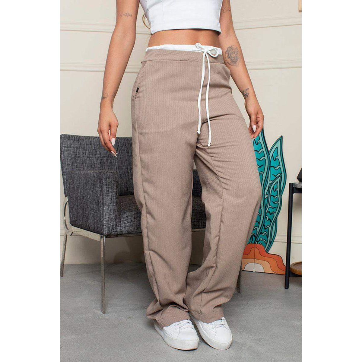 TRUCCOS JEANS - Pantalón Wide Leg Tiro Alto Doble Pretina en Contraste de Anudar Cierre Lateral Marca Trucco´s