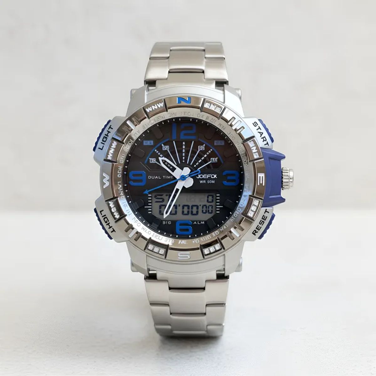 TIME - RELOJ JOEFOX ORIGINAL ACERO DOBLE HORA 1514G SUMERGIBLE PLATEADO AZUL