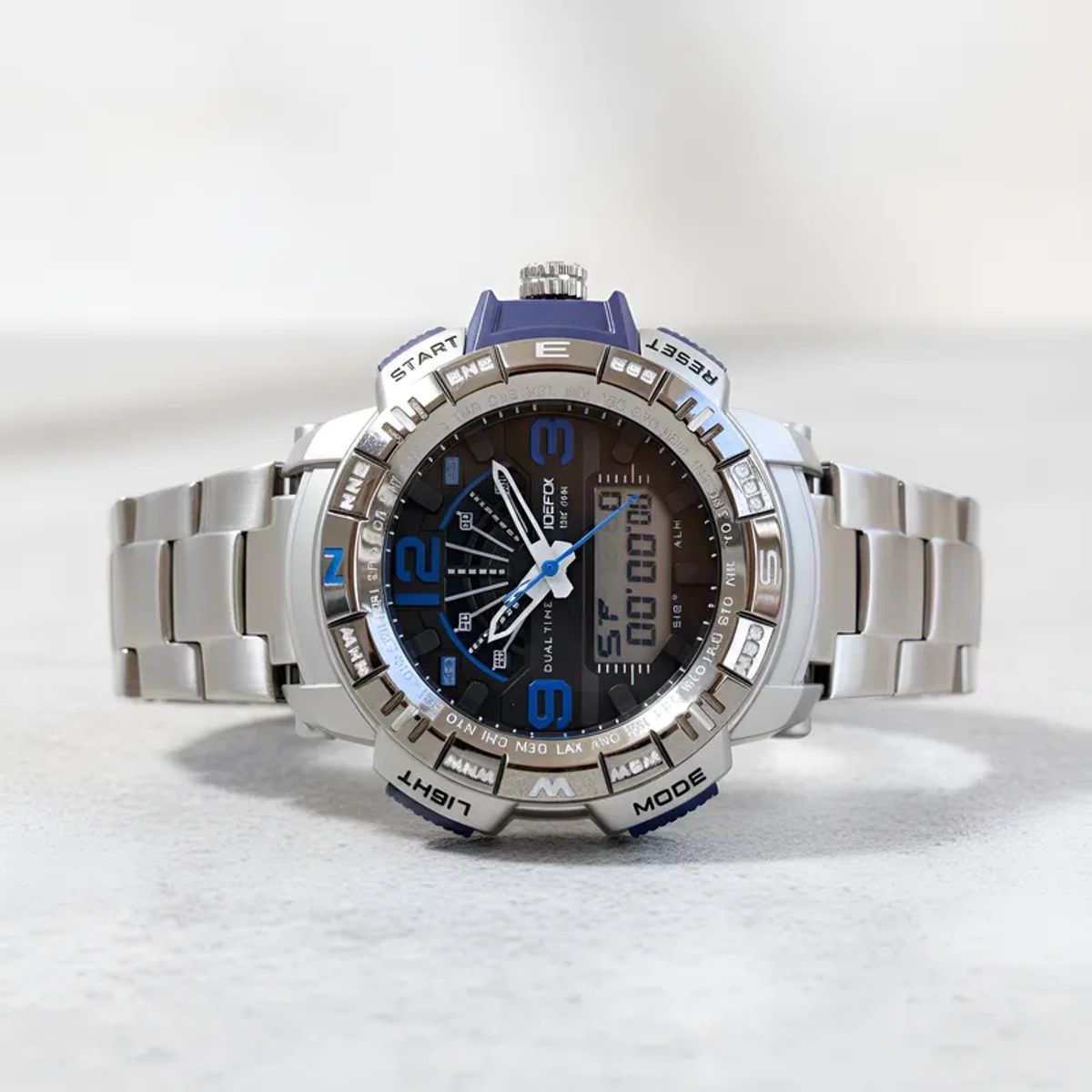 TIME - RELOJ JOEFOX ORIGINAL ACERO DOBLE HORA 1514G SUMERGIBLE PLATEADO AZUL