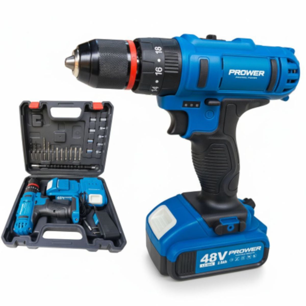 GENERICO - Taladro Inalámbrico Protool Prower 48v  Percutor Mas Caja Accesorios 2 Baterias Az