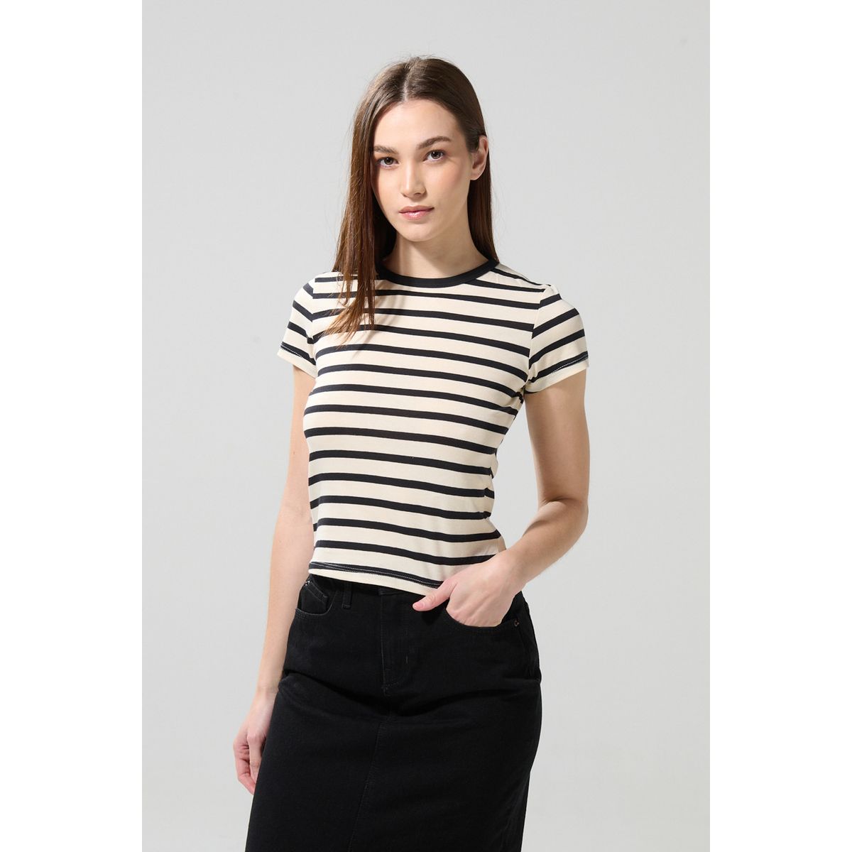 KOAJ - KOAJ Camiseta crema clara manga corta con rayas en contraste Mujer