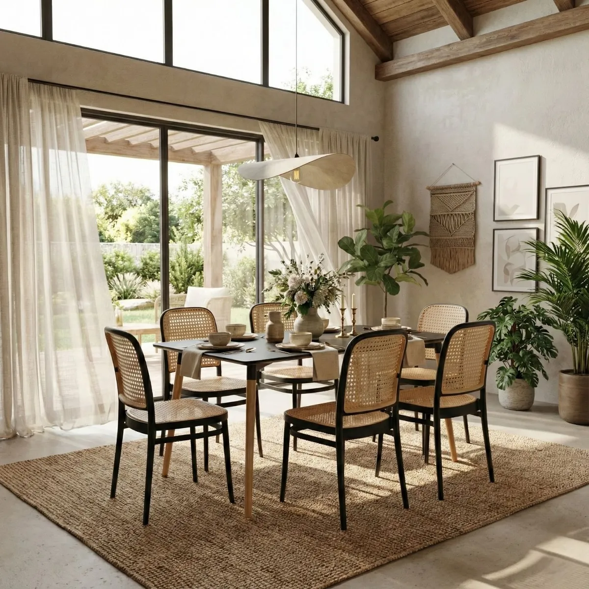 ENTRE NOS HOME - Juego Comedor Serena 6 Sillas Estilo Ratán y Mesa Negra 120x80