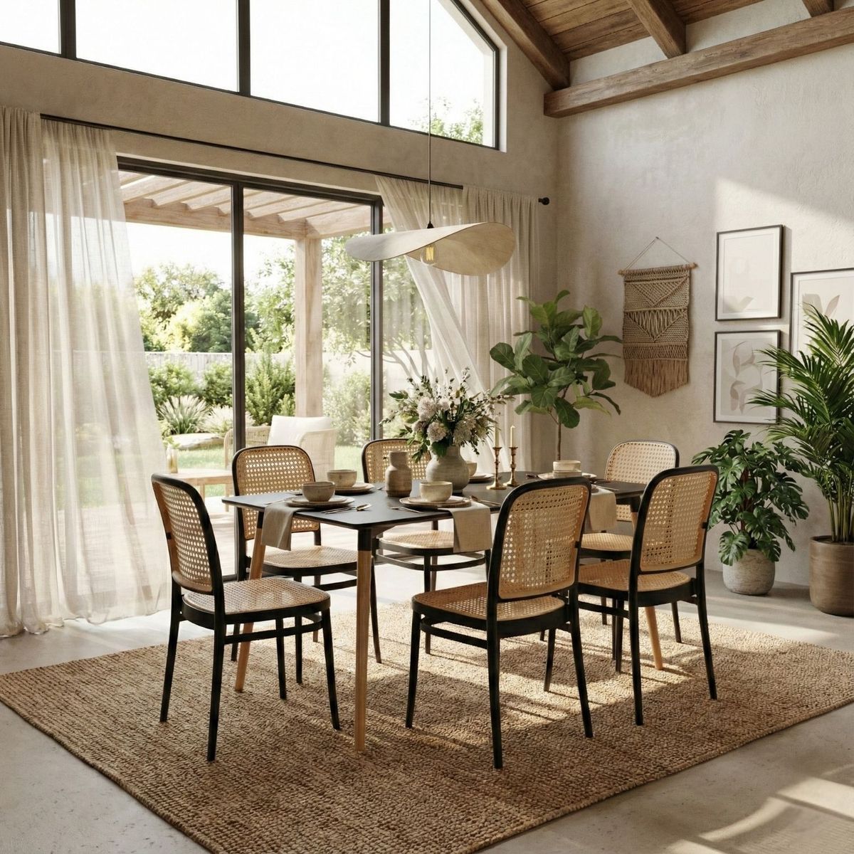 ENTRE NOS HOME - Juego Comedor Serena 6 Sillas Estilo Ratán y Mesa Negra 120x80