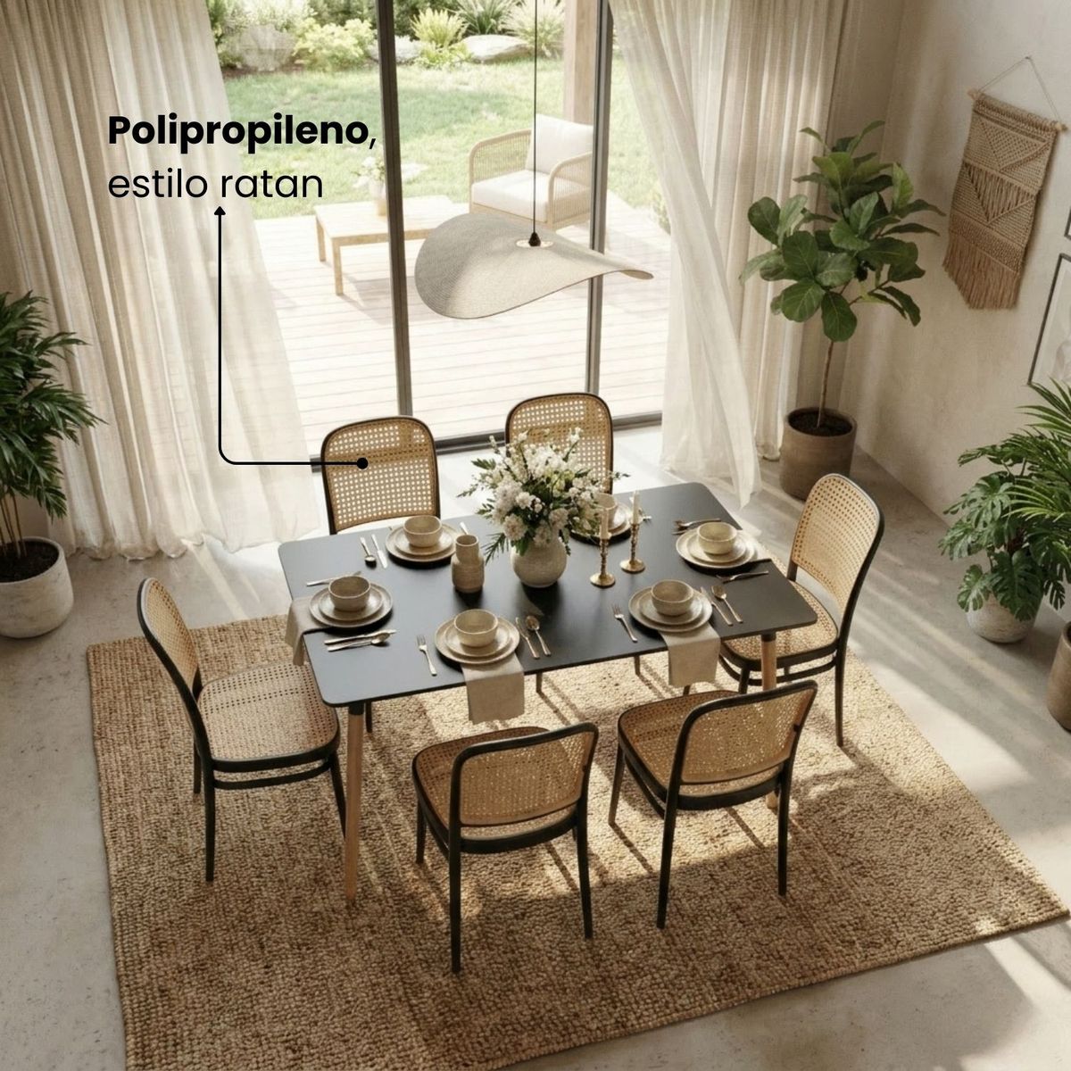 ENTRE NOS HOME - Juego Comedor Serena 6 Sillas Estilo Ratán y Mesa Negra 120x80