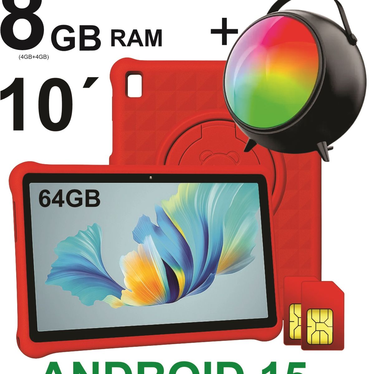 KRONO - Tablet Niños 10 Pulgadas 8GB RAM (4Gb+4Gb) 64GB Doble SIM Android 14 + Parlante ROJO