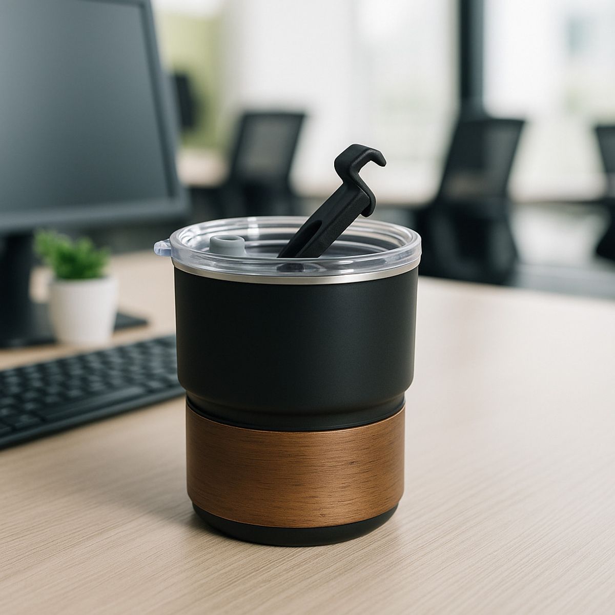 BIGCENTER - Vaso Térmico Café Térmico Con Tapa Negro Asa de Madera