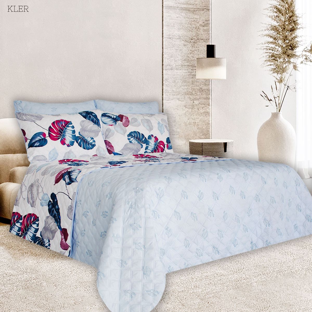 BALI - Colcha Cama Semidoble Azul Hojas