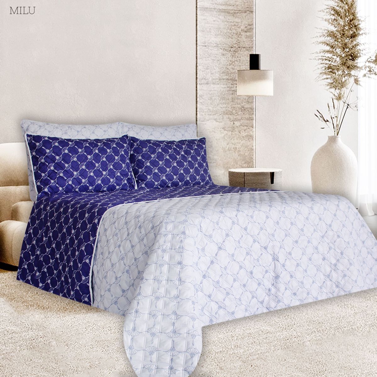BALI - Colcha Doble Faz para Cama Queen 230×240 + Funda 50×75 Azul gris abanicos
