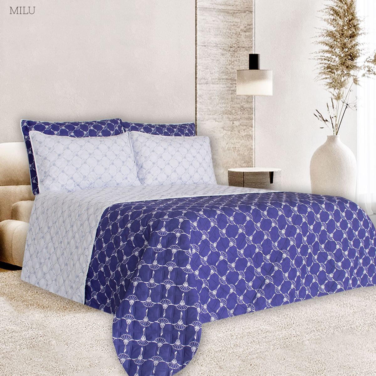 BALI - Colcha Doble Faz para Cama Queen 230×240 + Funda 50×75 Azul gris abanicos