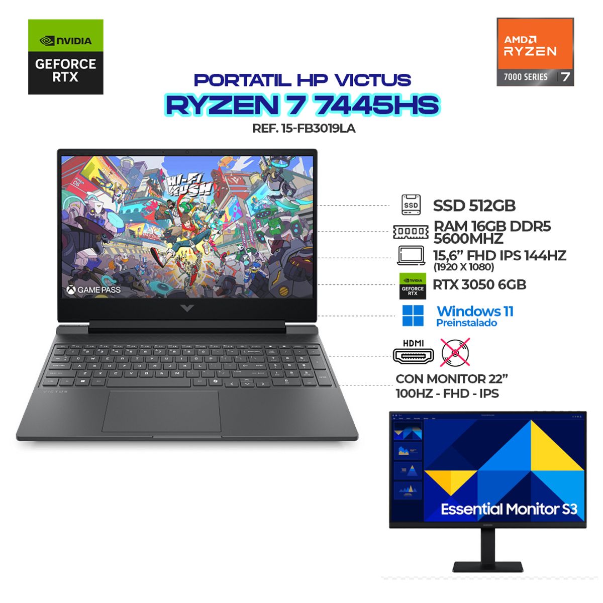 HP - PORTATIL HP VICTUS AMD RYZEN 7 7445HS + Monitor 22" 100Hz  - RTX 3050 6GB - RAM 16GB - 512GB