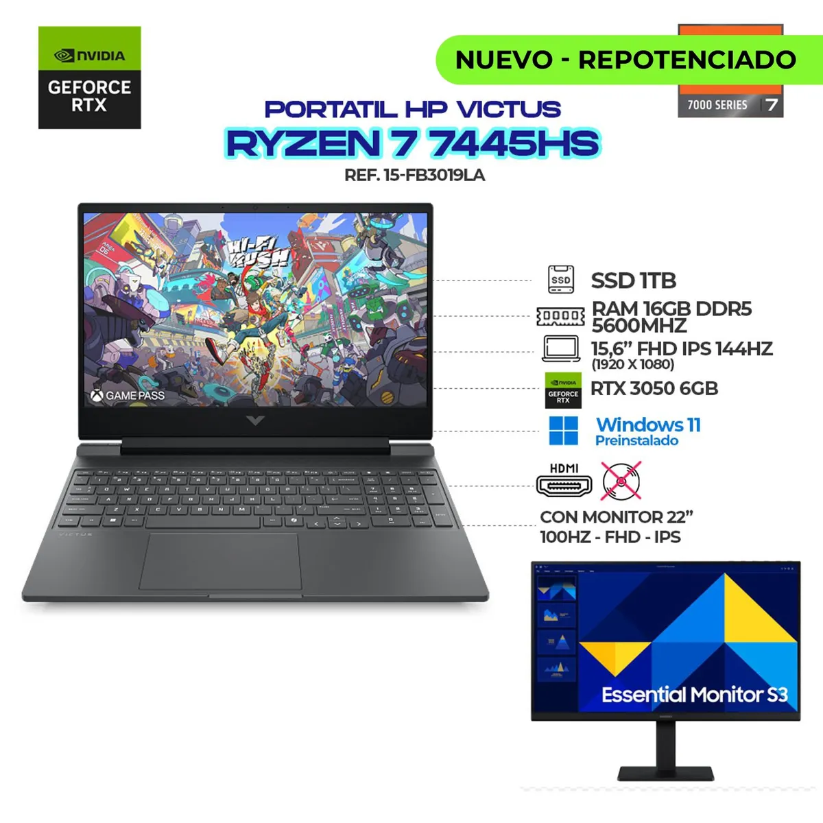 HP - PORTATIL HP VICTUS AMD RYZEN 7 7445HS + Monitor 22" 100Hz - RTX 3050 6GB - RAM 16GB - 1TB