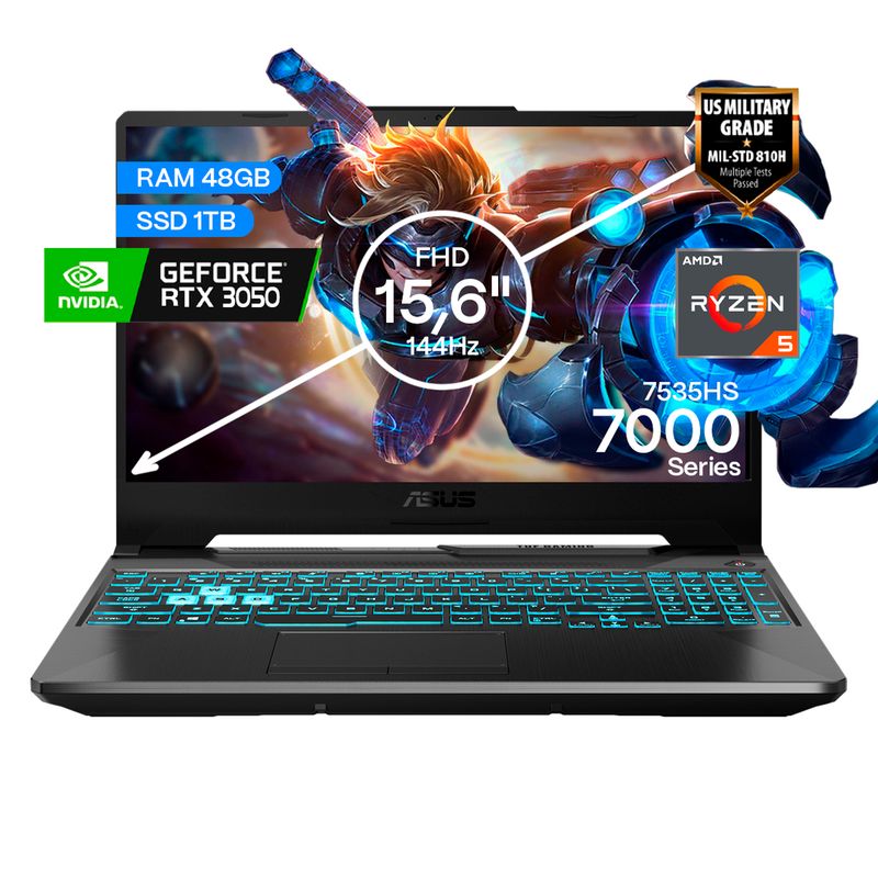 ASUS - Portátil Gamer Asus TUF AMD Ryzen 5 RAM 48GB SSD 1TB RTX 3050 4GB 144Hz ESPAÑOL