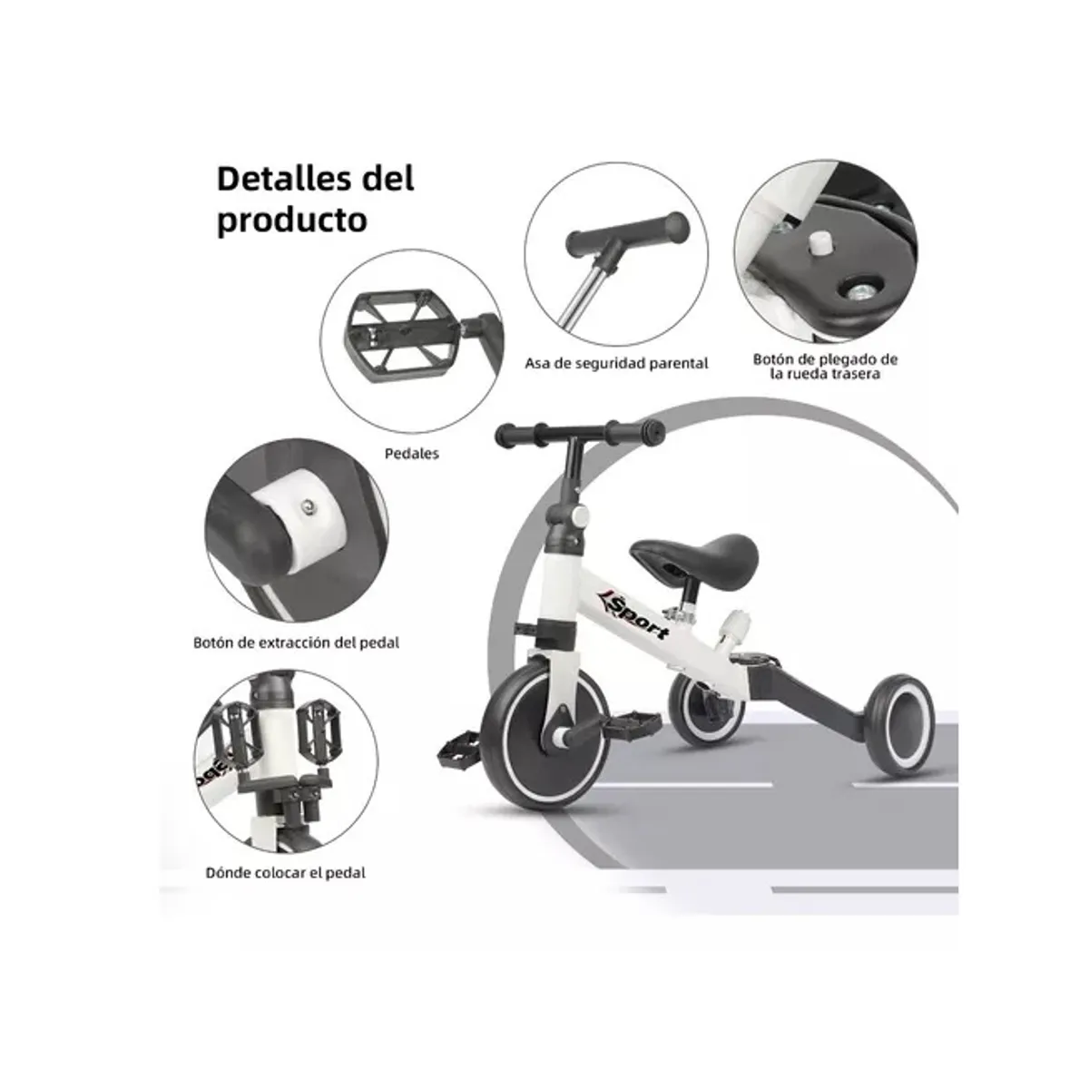 SPORT - Triciclo Convertible 5 En 1 Bicicleta Equilibrio Iniciacion Color Blanco