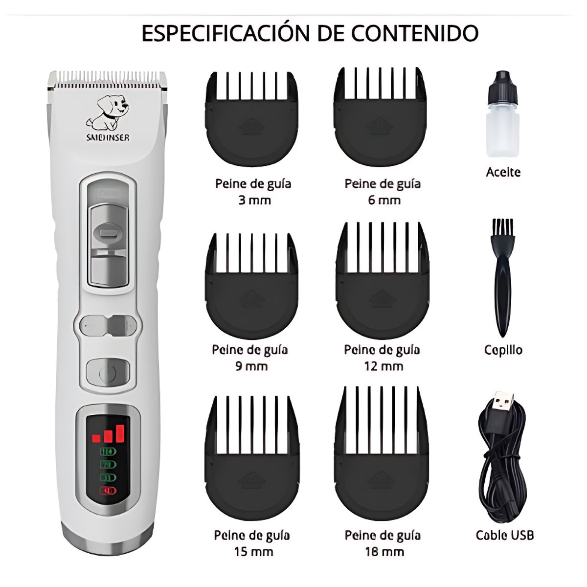 GENERICO - Kit Máquina Cortapelos Profesional D3 para Mascotas, Inalámbrica, 3 Velocidades y 6 Peines Guía