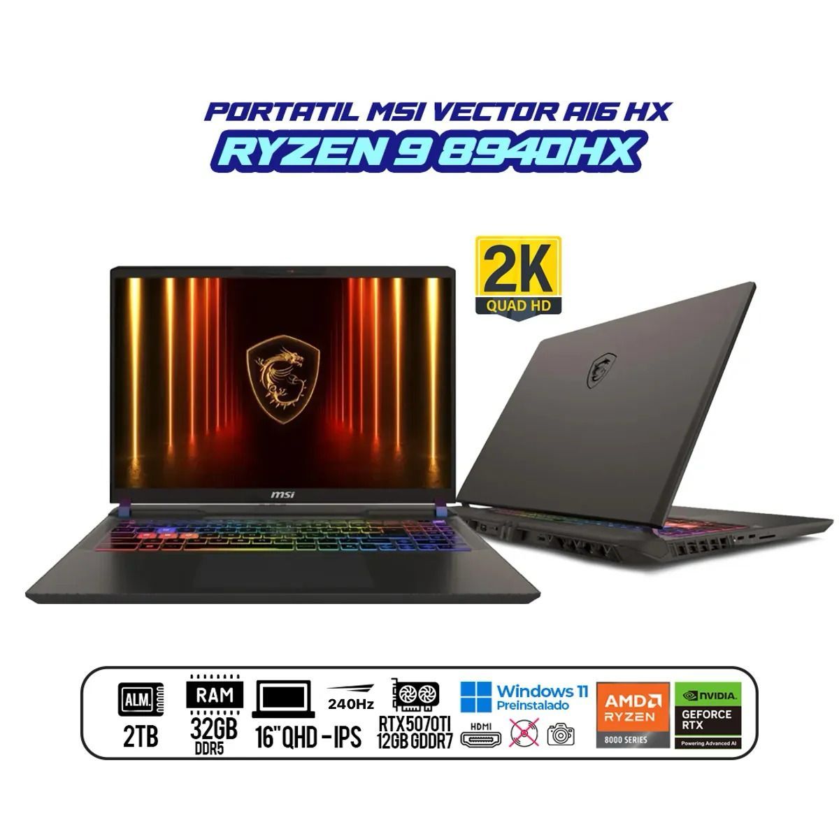 MSI - Portátil Gamer MSI VECTOR 16" 210Hz / AMD RYZEN 9 8940Hx / RTX 5070TI / RAM 64GB / SSD 1TB