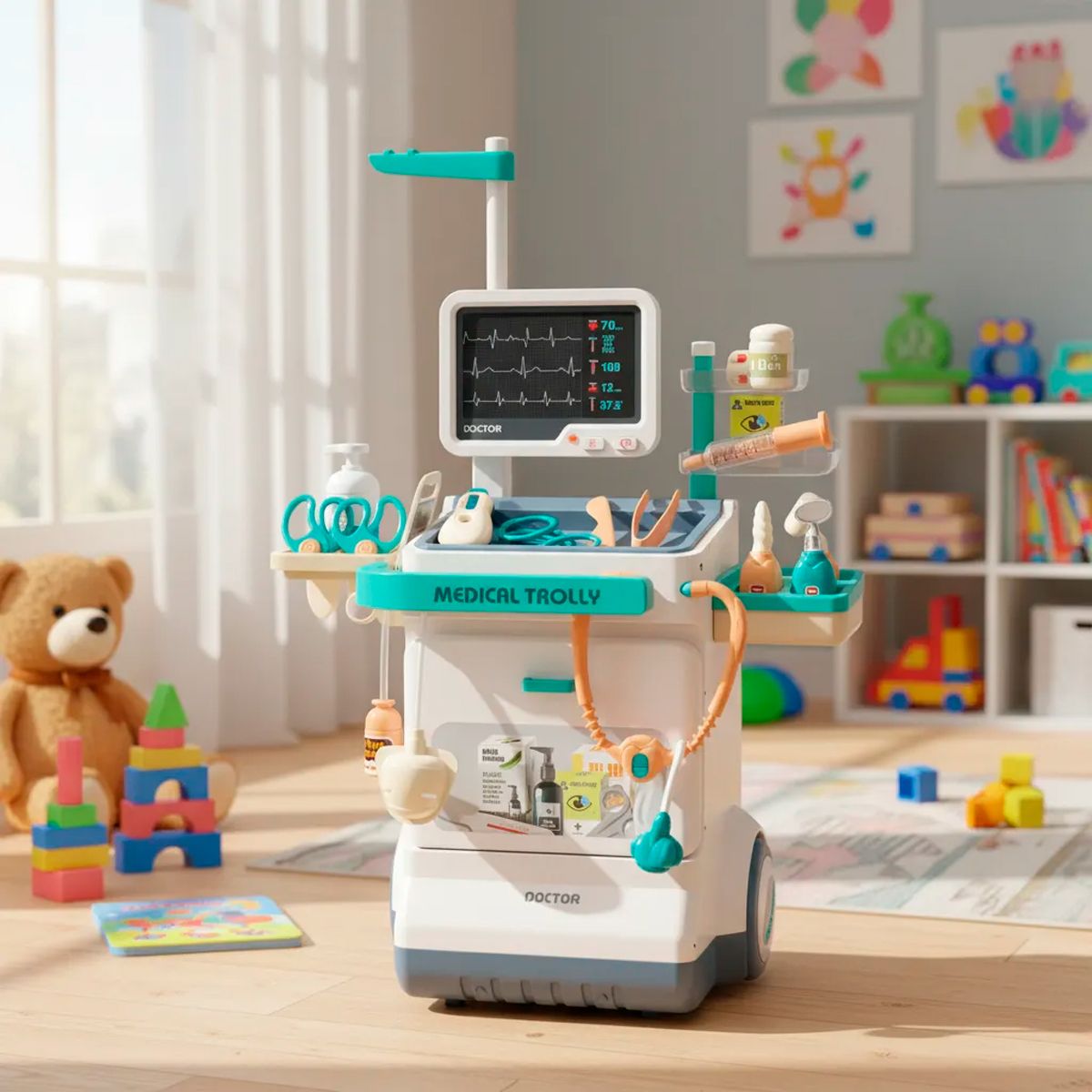 GENERICO - Carro Equipo Medico Kit Doctor Estetoscopio Juguete 26pcs Blanco 8206