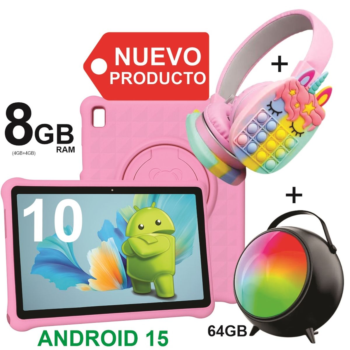 KRONO - Tablet Niños 10 Pulgadas 8GB RAM (4Gb+4Gb) 64GB Doble SIM Android 14 + DIADEMA + PARLANTE ROSADO