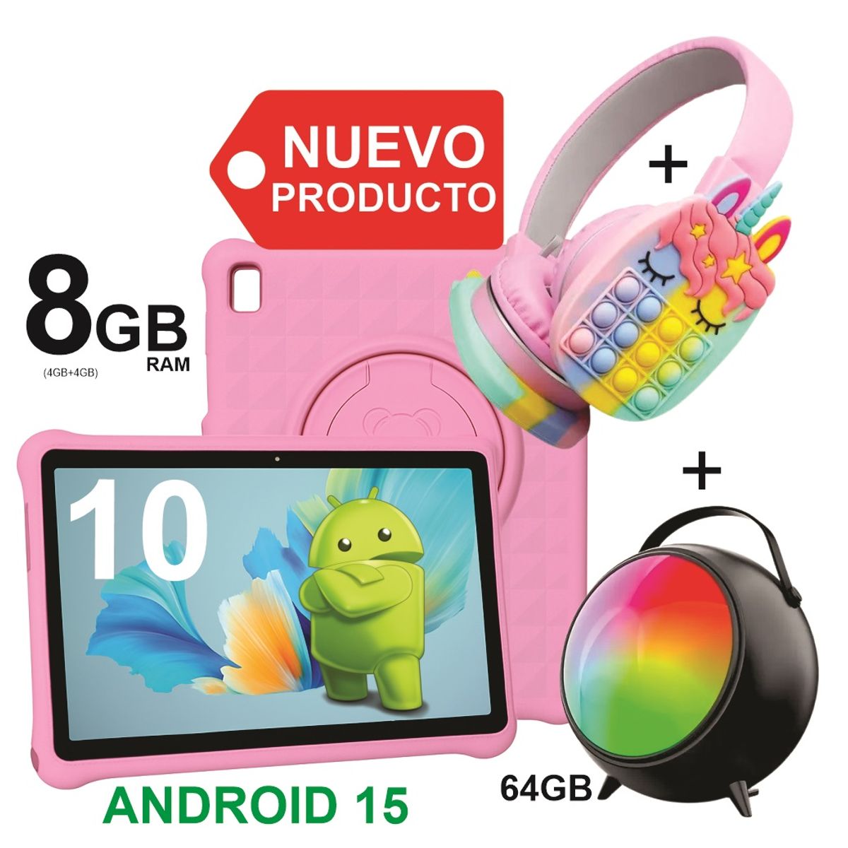 KRONO - Tablet Niños 10 Pulgadas 8GB RAM (4Gb+4Gb) 64GB Doble SIM Android 14 + DIADEMA + PARLANTE ROSADO