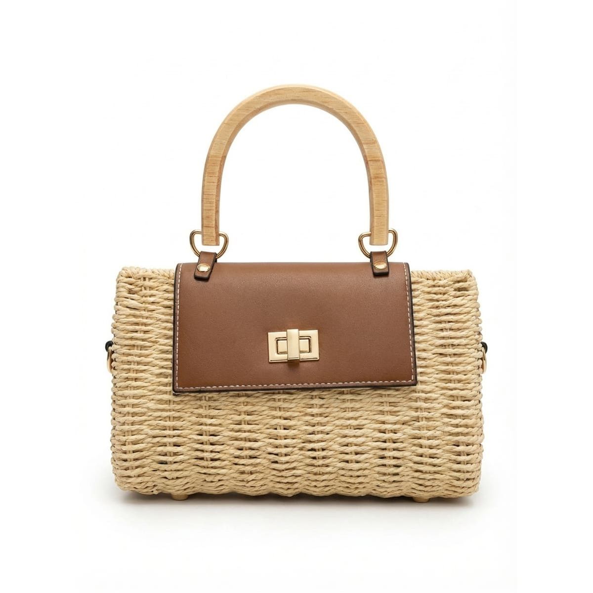 GENERICO - Bolso de Mano Tipo Mimbre con Asa de Madera  Estilo Natural Elegante Boho Chic