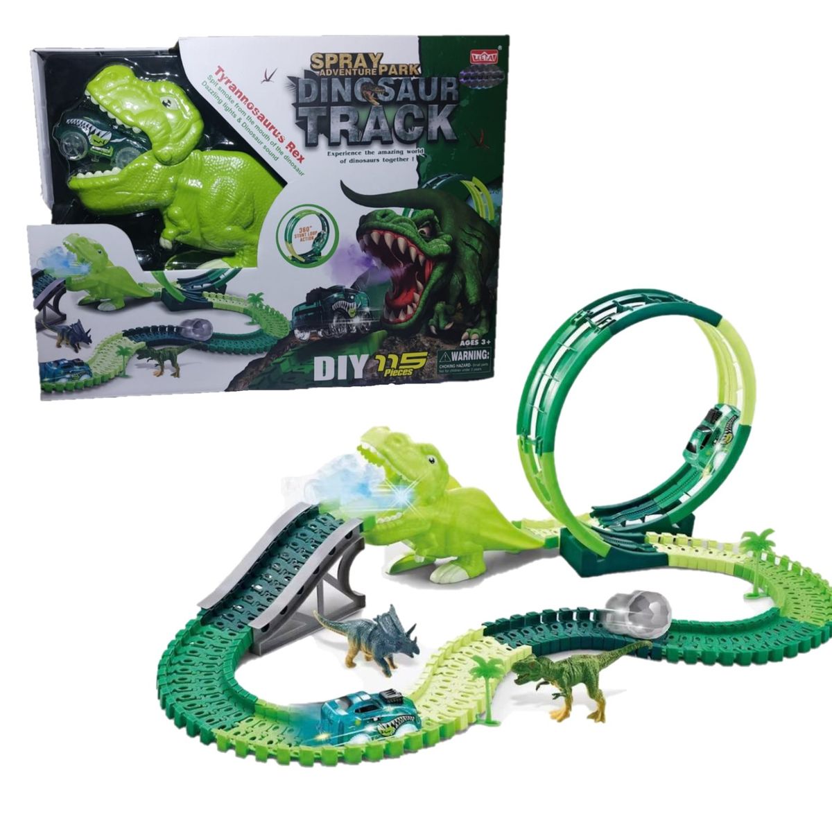 OTRAS MARCAS - Pista De Carritos Dinosaurio Lanza Humo Luces Y Sonido Verde Oscuro