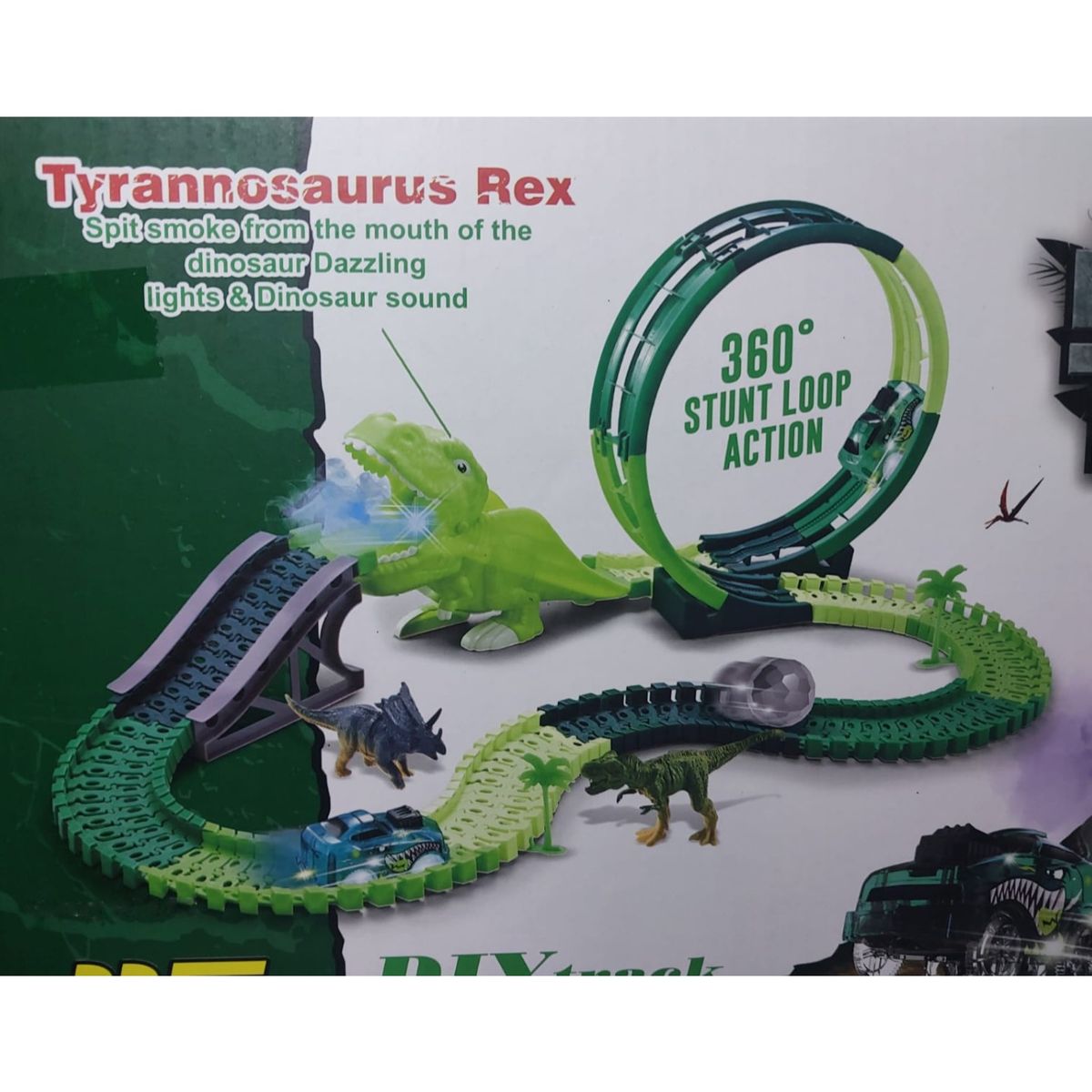 OTRAS MARCAS - Pista De Carritos Dinosaurio Lanza Humo Luces Y Sonido Verde Oscuro