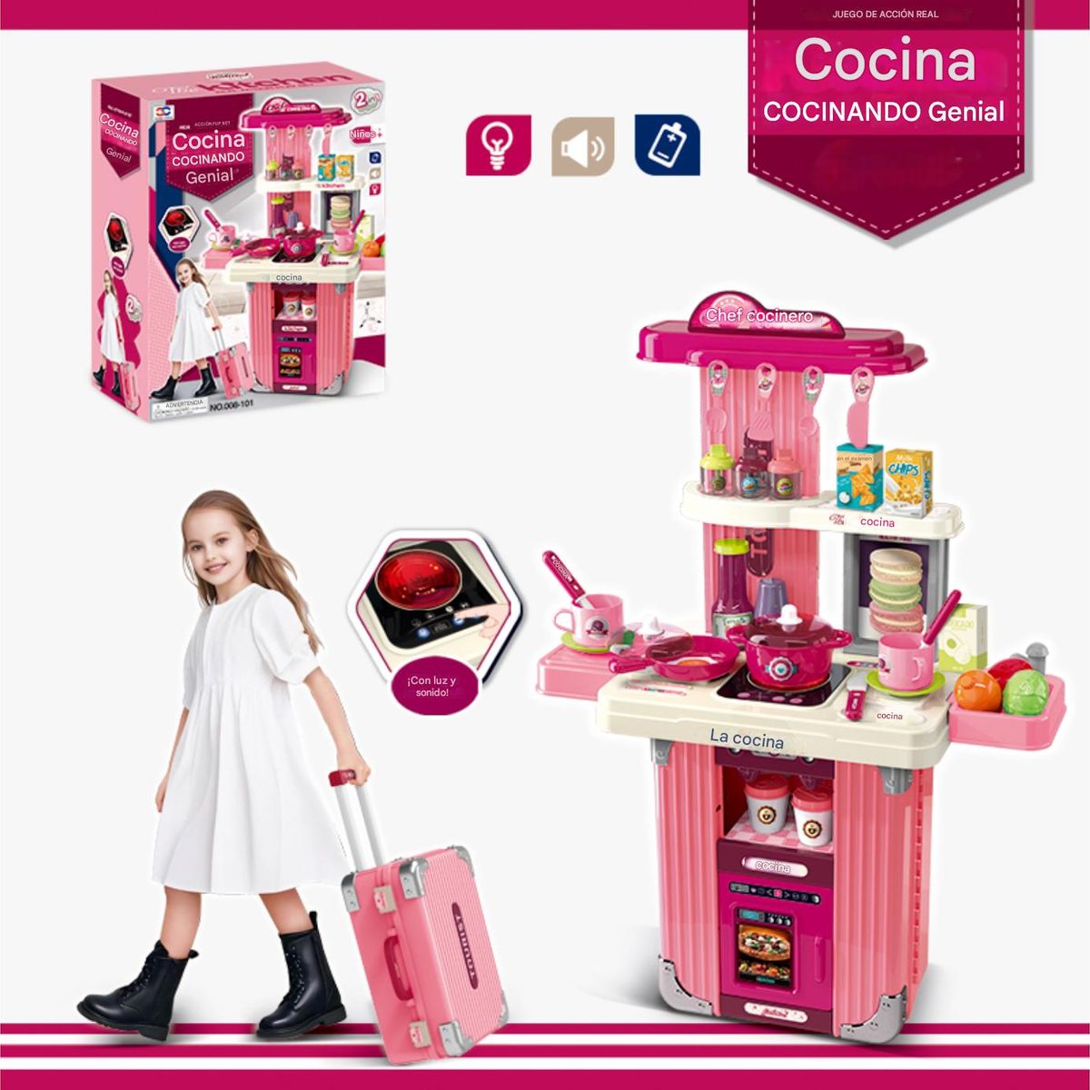 OTRAS MARCAS - Cocina De Juguete Infantil 66 Cm 2 En 1 Con Accesorios Fucsia