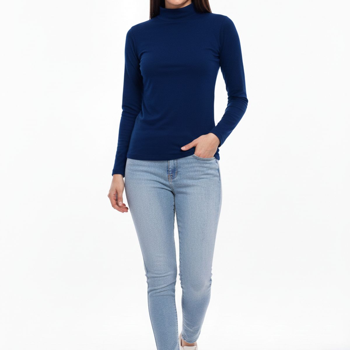 BOCARED - JUNO CAMISETA PARA DAMA MANGA LARGA CUELLO ALTO EN COLOR AZUL OSCURO