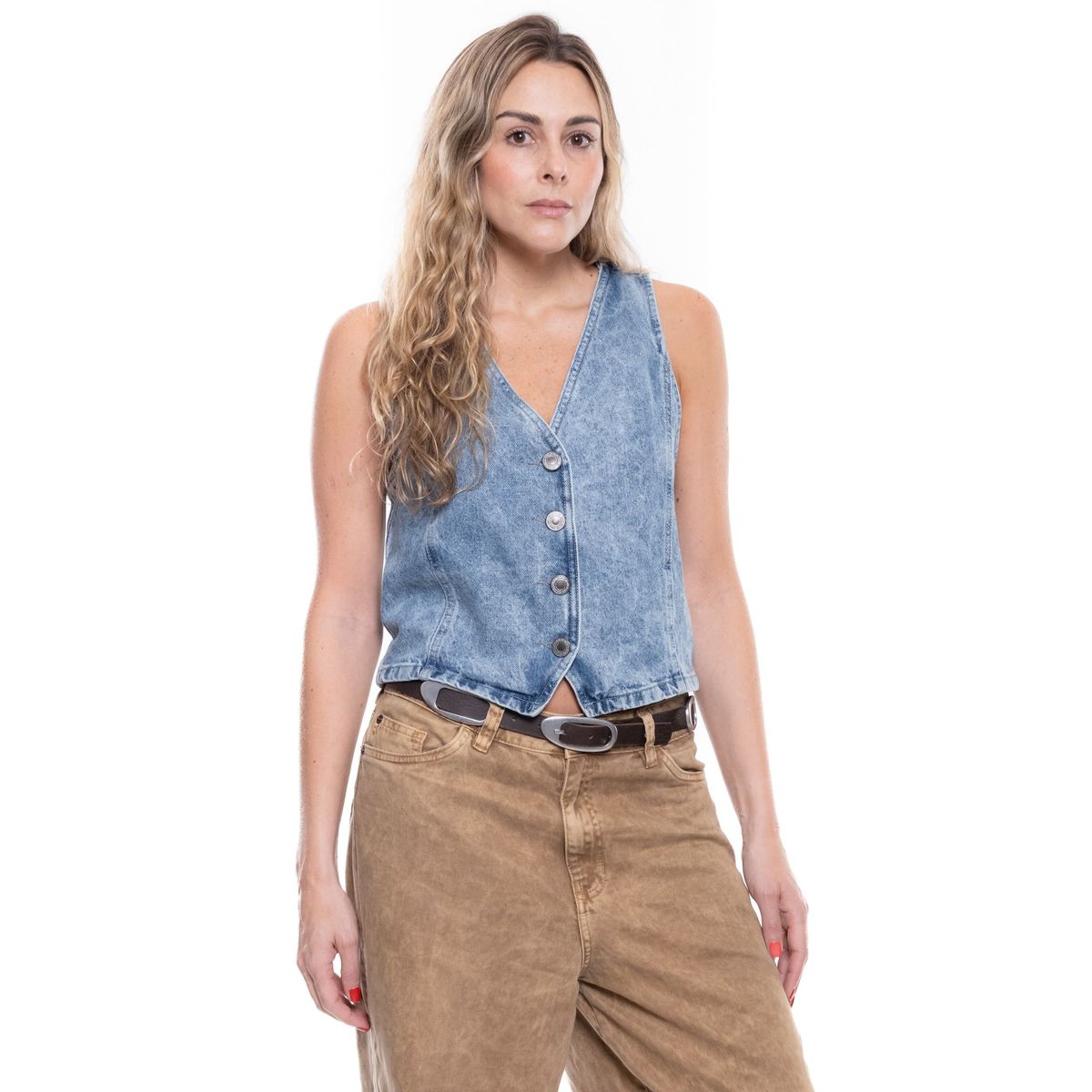 COLOR BLUE - Chaleco En Denim Con Botones En Frente