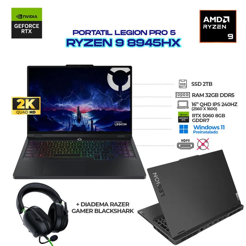 LENOVO - LENOVO LEGION PRO 5 + DIADEMAS BLACKSHARK AMD Ryzen 9 8945HX RTX 5060 8GB 32GB RAM DDR5 2TB SSD