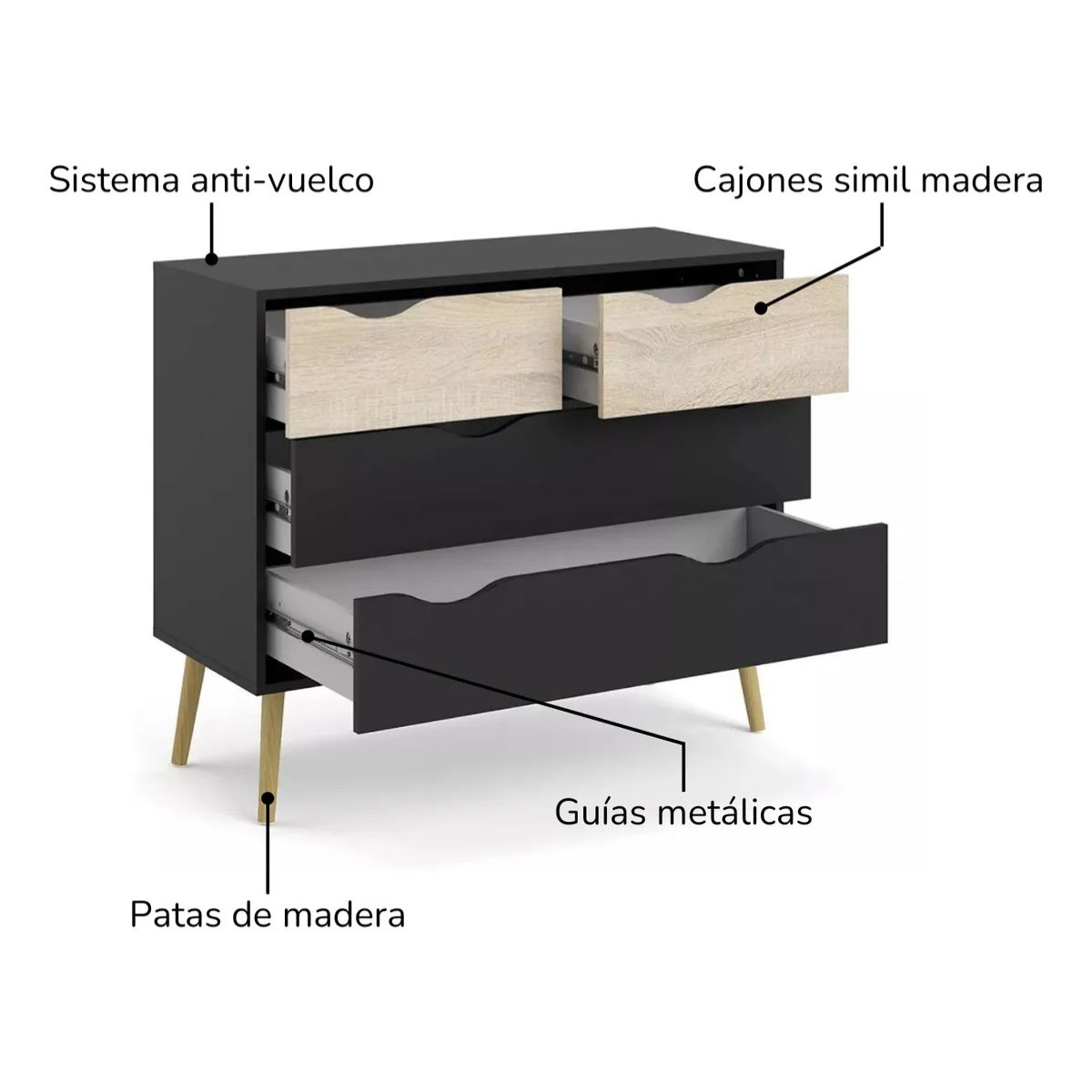 GENERICO - Cómoda Cajonera Top Living Nórdica Moderna Negra Y Café Color Negro