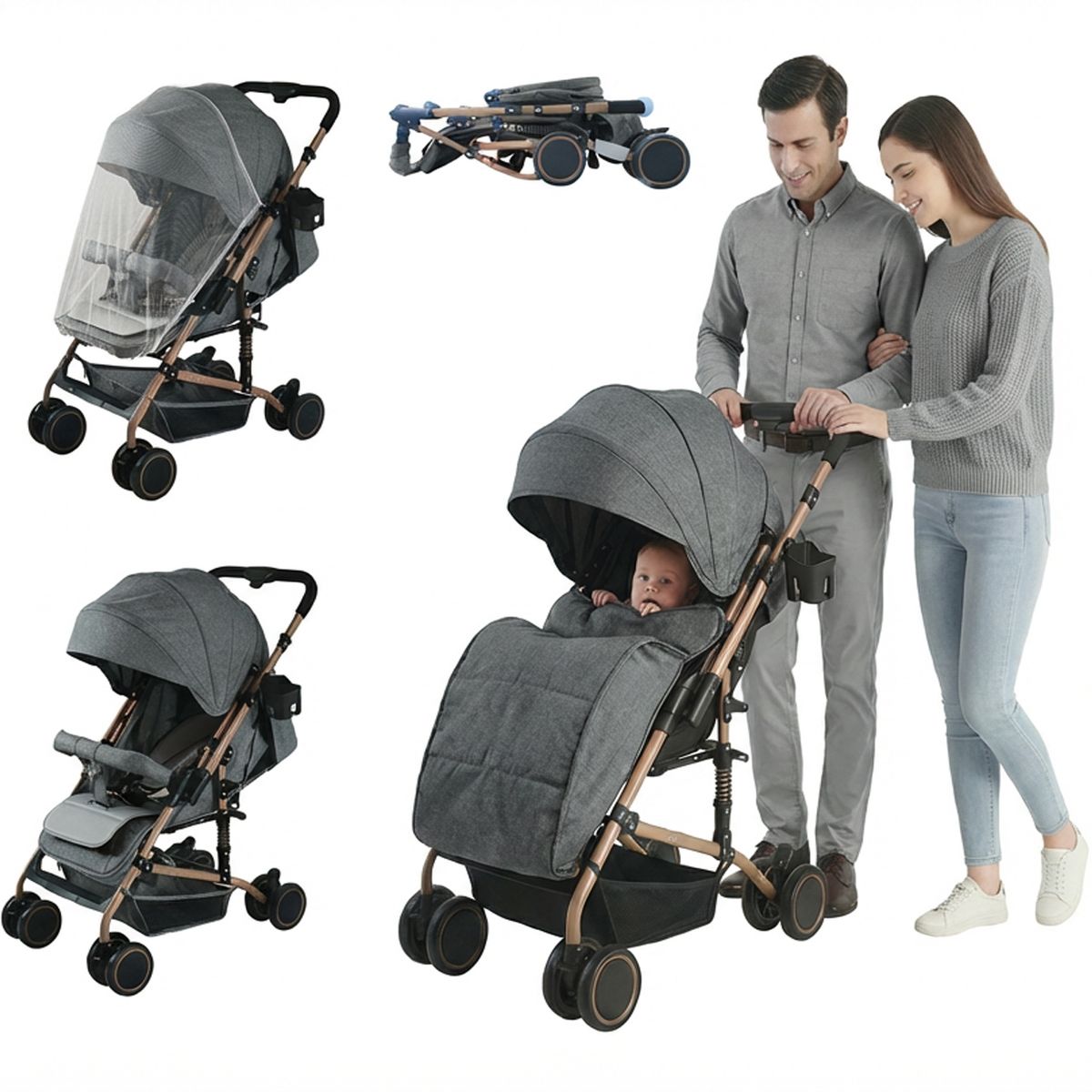 JON DI GROUP SAS - Coche Paseador Para Bebe Reversible Cubrepiés Mosquitero Gris