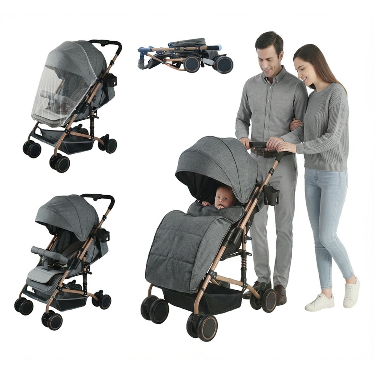 JON DI GROUP SAS - Coche Paseador Para Bebe Reversible Cubrepiés Mosquitero Gris