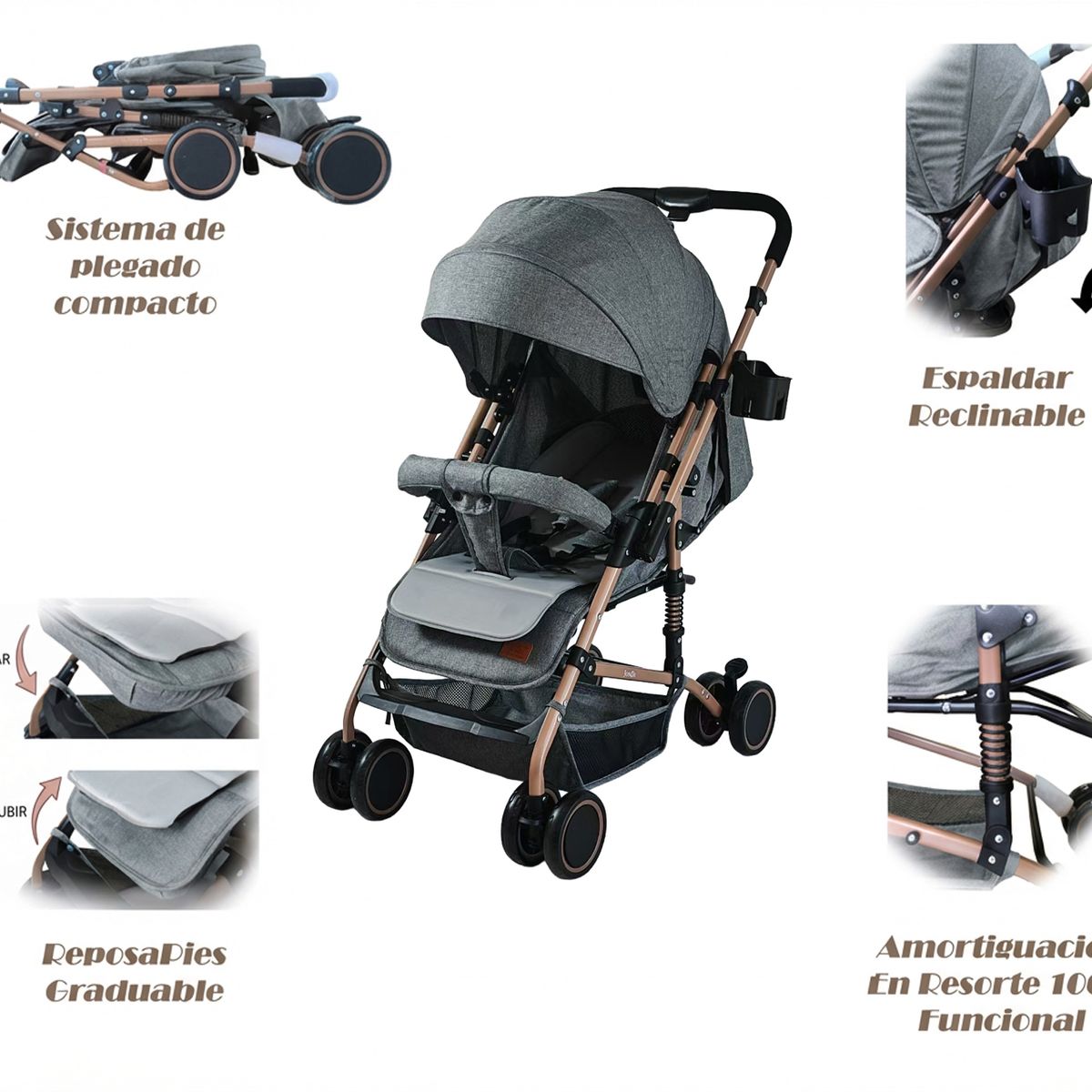 JON DI GROUP SAS - Coche Paseador Para Bebe Reversible Cubrepiés Mosquitero Gris