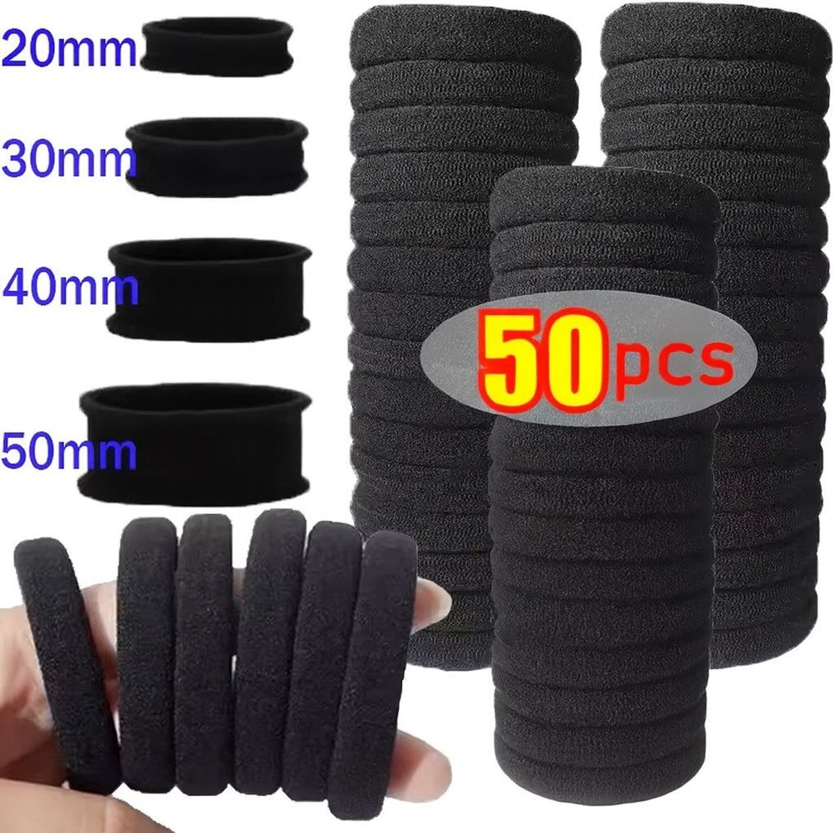 GENERICO - Bandas Ligas Colitas Negras Para Cabello 20mm Elásticas X50u Negro Lisa