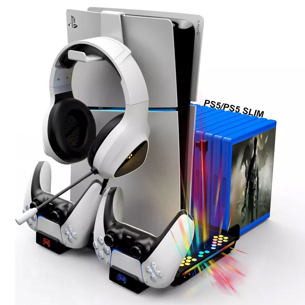 GAMA - soporte Base refrigerante ventilador led RGB Ps5-SLIM carga controles porta juegos y porta diadema