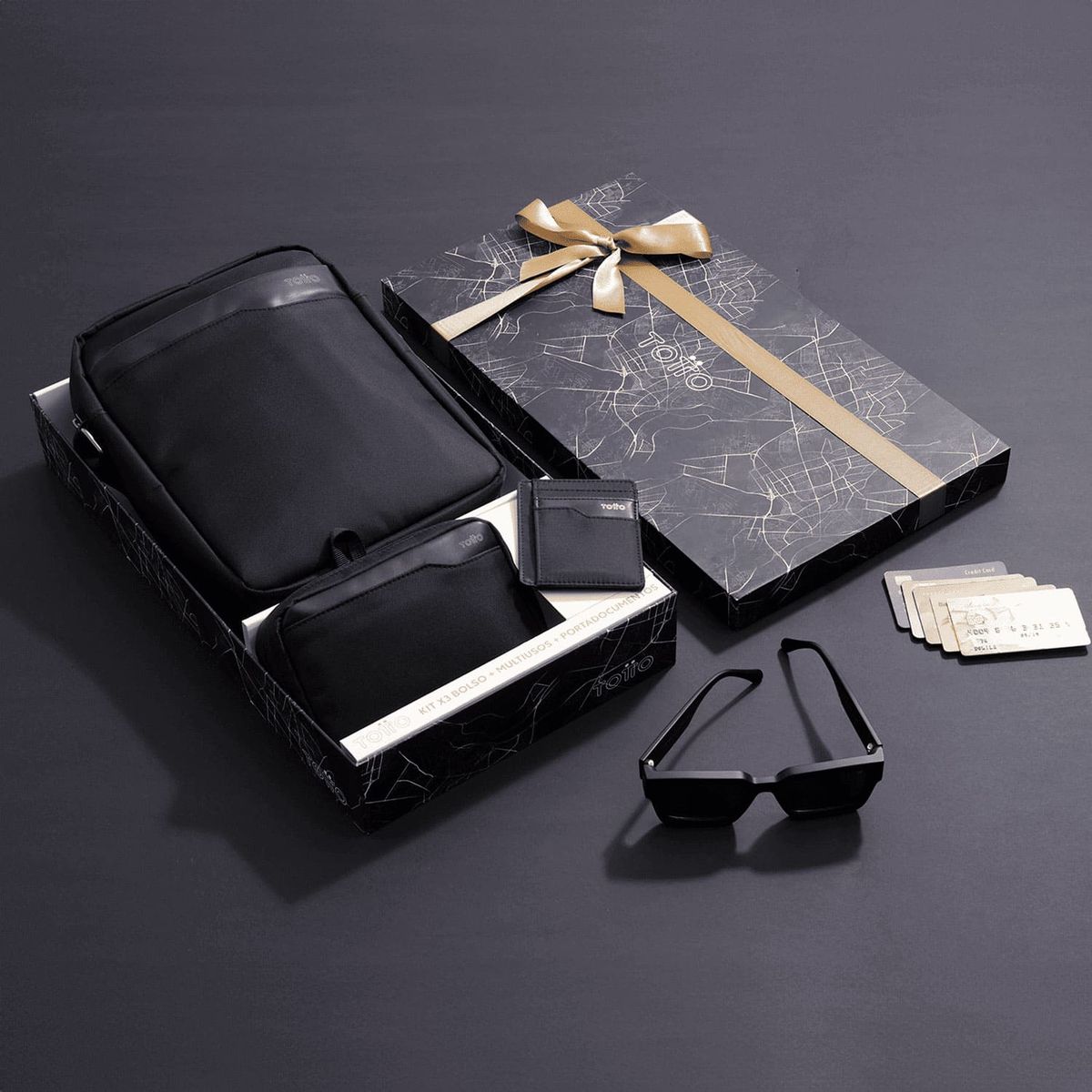 TOTTO - Kit de Regalo Bolso Cartera Kano Para Hombre Negro Totto