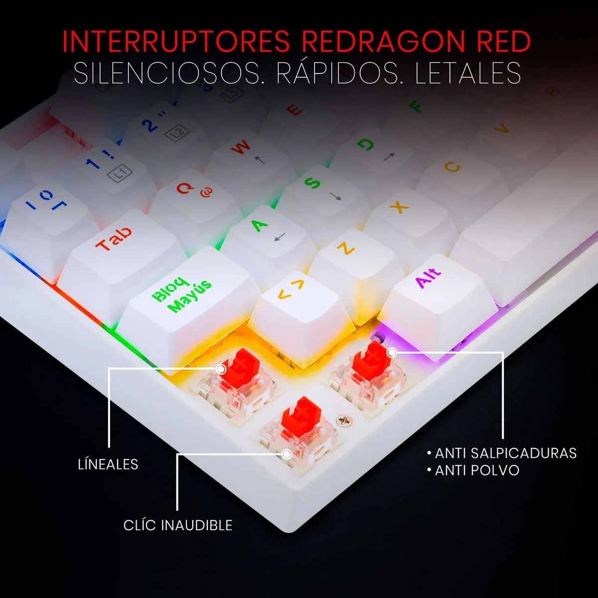 REDRAGON - Teclado Gamer Redragon K552w 70% Kumara Rainbow Switch Red