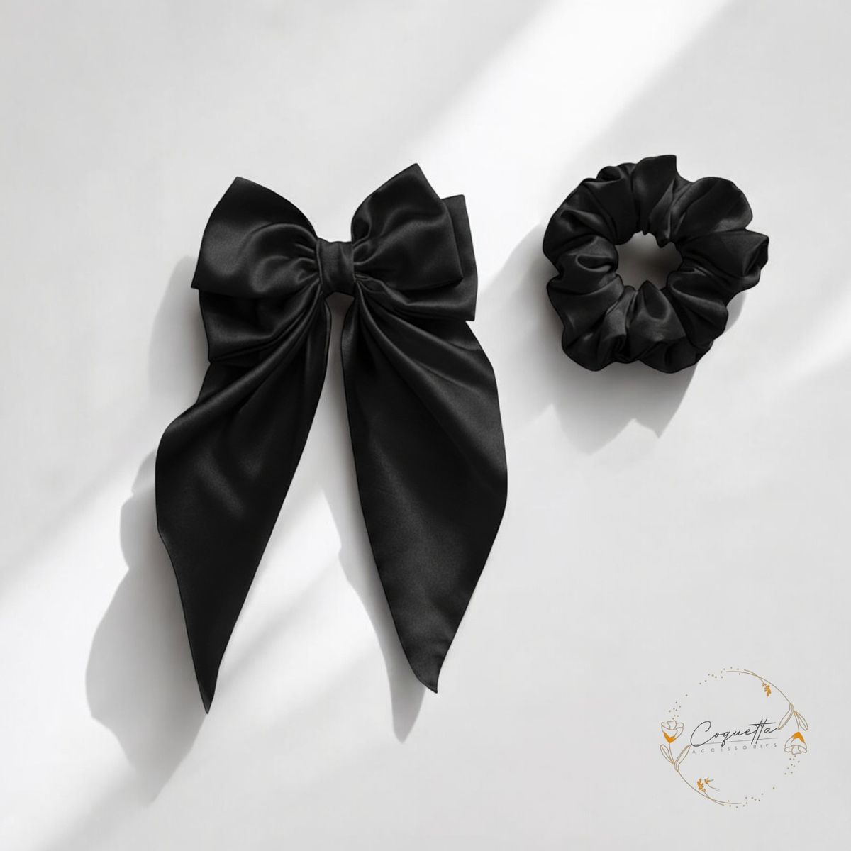 GENERICO - Pack Coquette Deluxe Moño + Scrunchie en Satín Premium Tono Negro