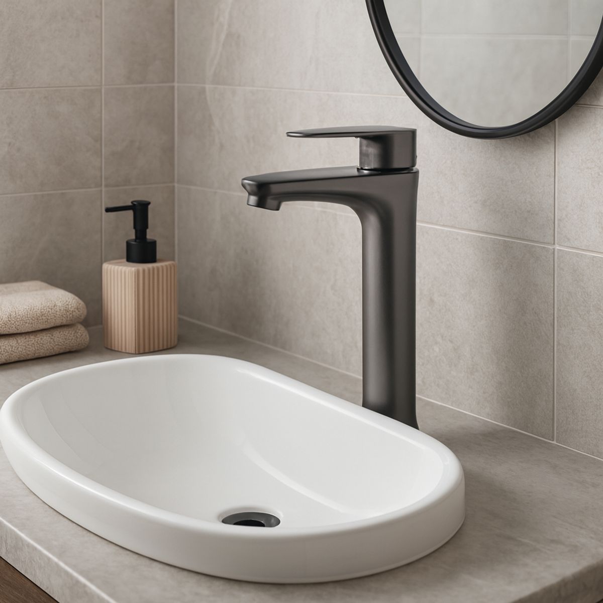 PAMO - Grifería Lavamanos Monocontrol Alto Gris Concreto Sovrano Gris Concreto Mate