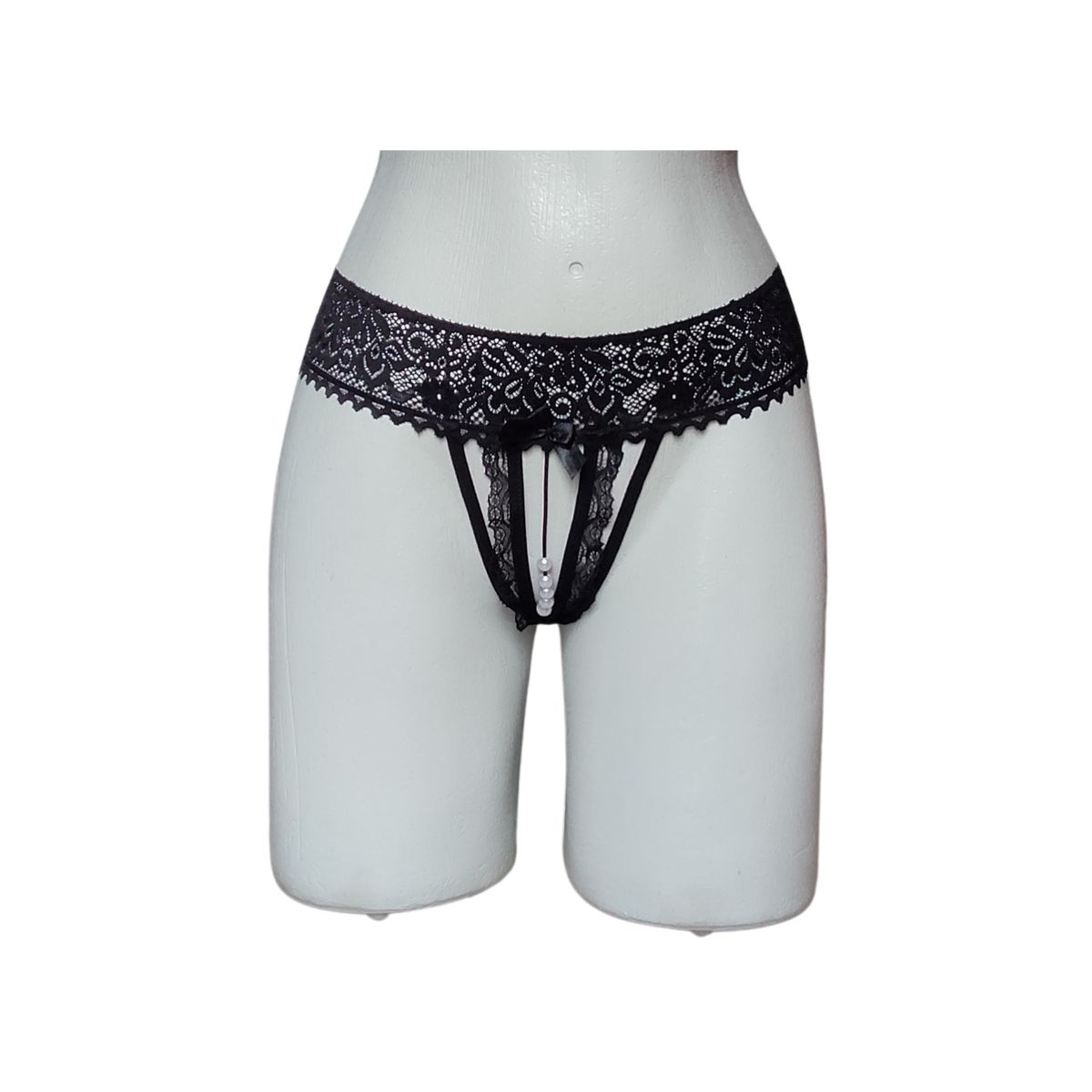GENERICO - Tanga Hilo en Encaje Mujer Negro con perlas estimulantes