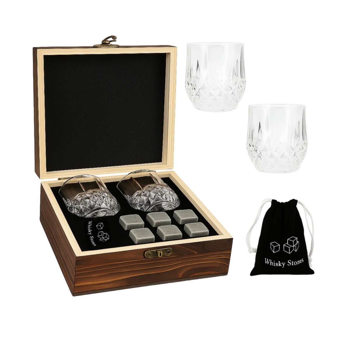 TECH - Set Whisky Acora Copas Estuche Madera Rocas Hielo Wisky Kit