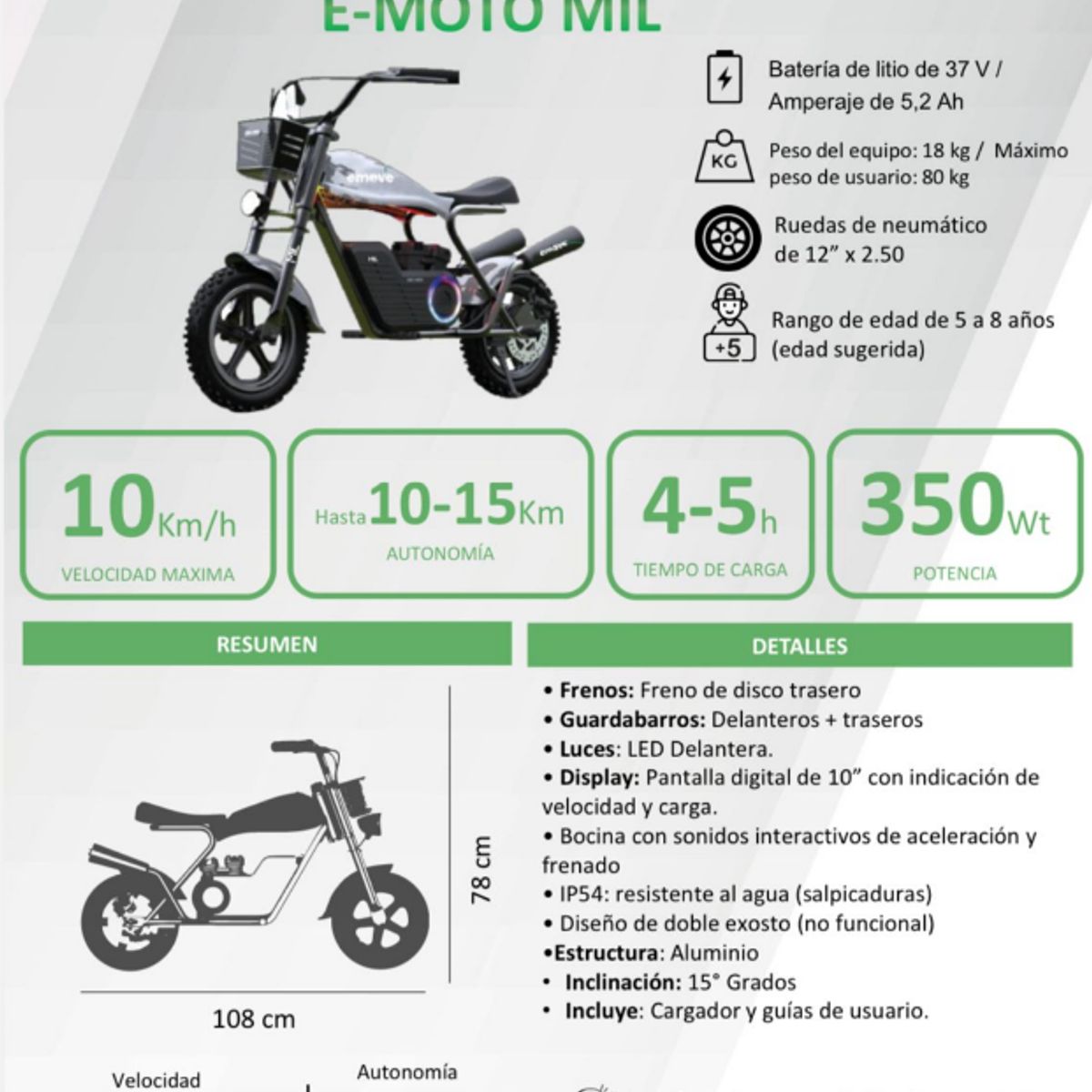 EMOVE - Bicicleta Eléctrica para niños Gris Negro - EMOVE Mil
